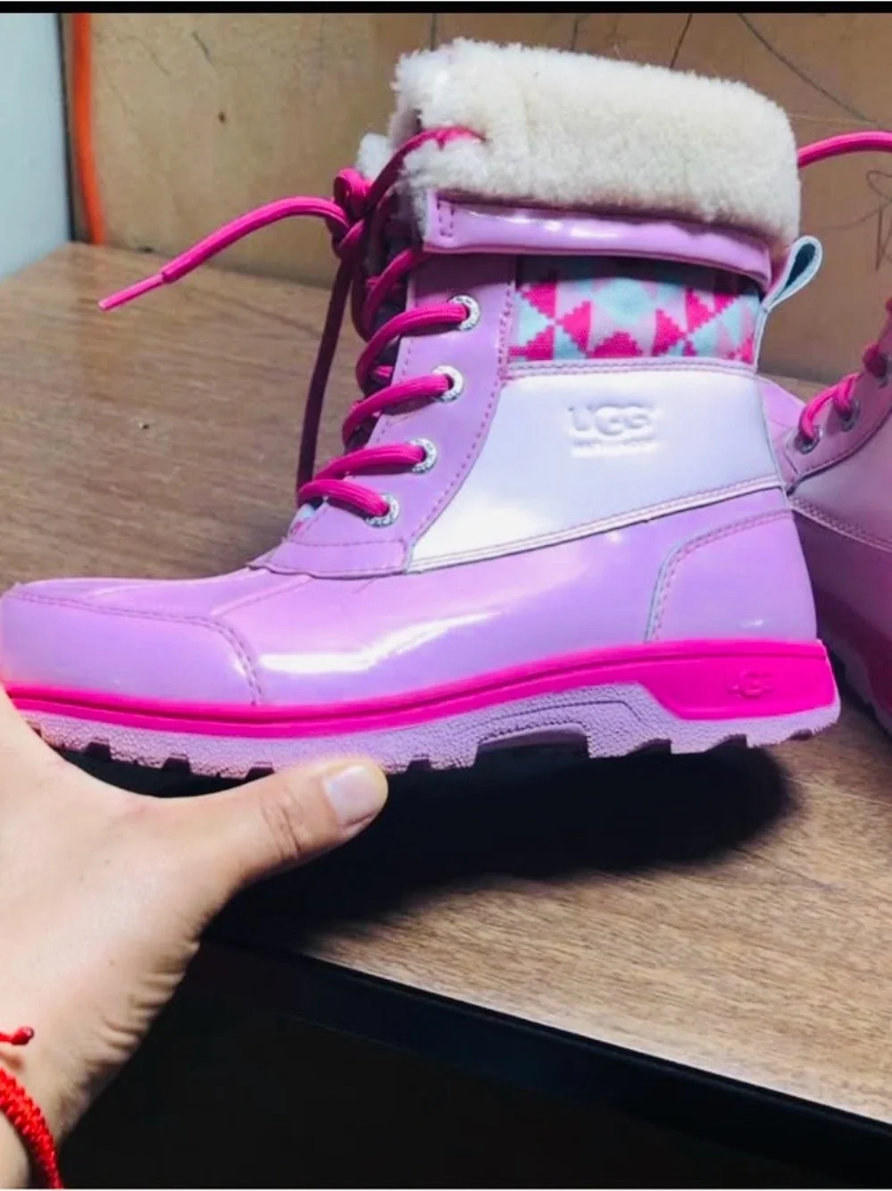 UGG Kids Pink and Hot Pink Snow Boots with Geometric Panel Sz 4